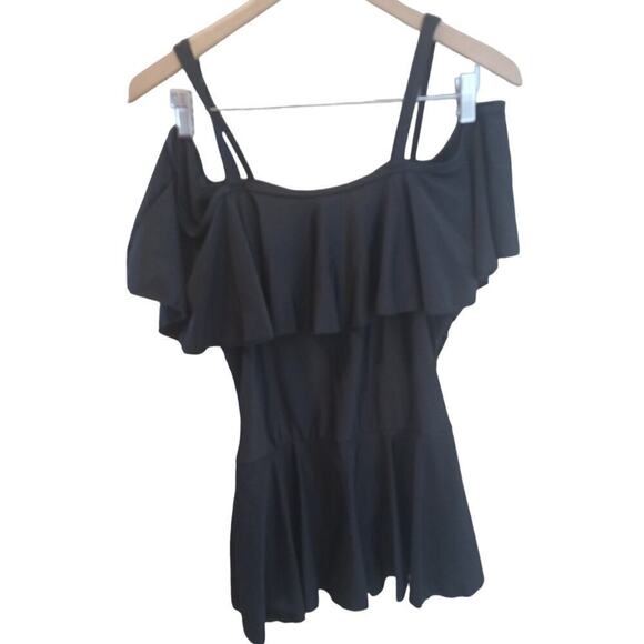 Off Shoulder One Piece Short Swimsuit Black Womens Medium - Picture 2 of 3
